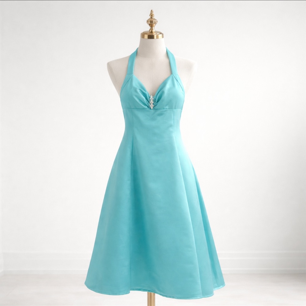 VINTAGE Y2K Retro 90s David's Bridal Halter Prom Dress Turquoise Malibu Blue VTG